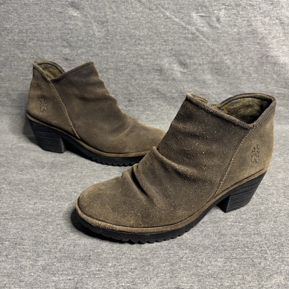 Fly London Wezo Ankle Boots Booties Sludge Suede Leather Zipper Sz 36 US 5.5 6